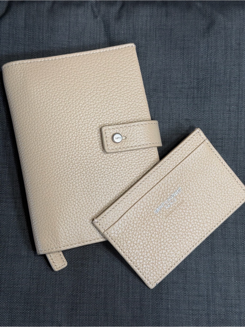 Saint Laurent Pebbled Leather Card Holder & Notebook Cover in Beige